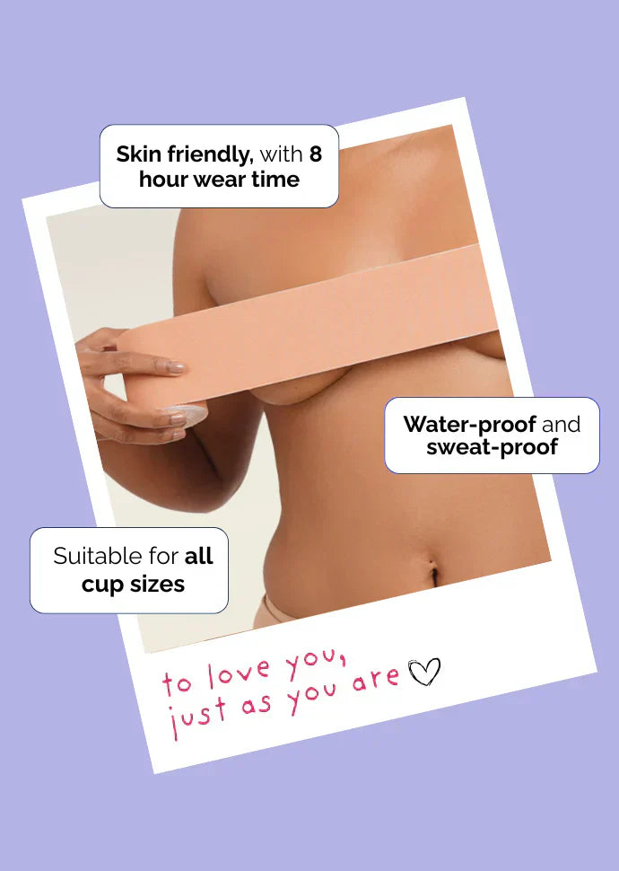Product packaging with text about skin friendliness, wear time, waterproofness, sweat-proofness, and suitability for all cup sizes on a purple background.