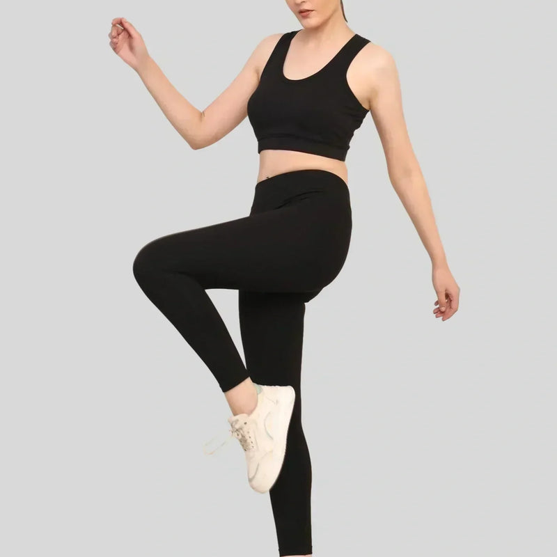 Women Black Padded Bra & Leggings Set
