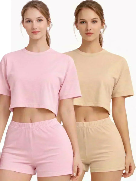 Women's Bamboo Fabric Mid Rise Shorts | Beige and Mauve | Pack of 2
