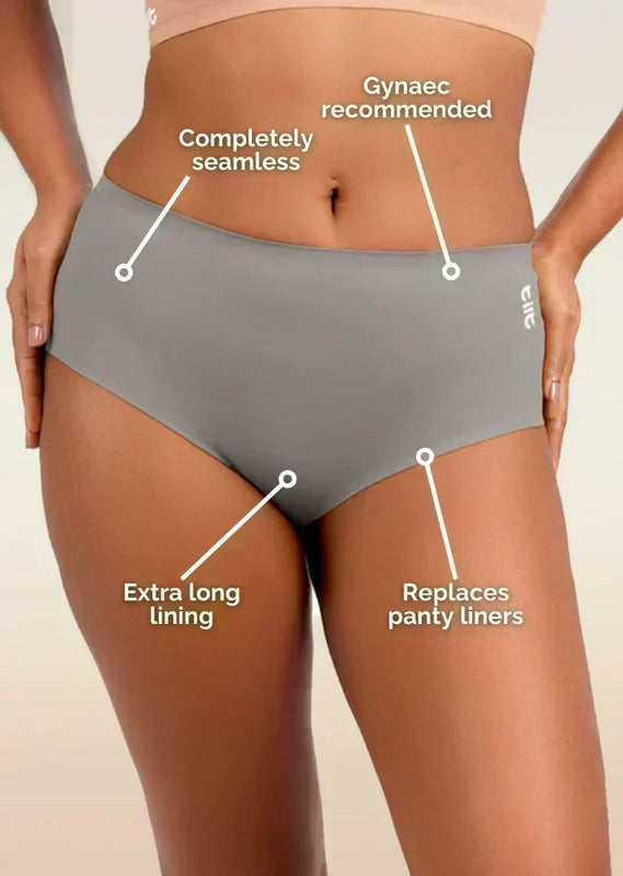 Gray underwear with text highlighting features on a beige background