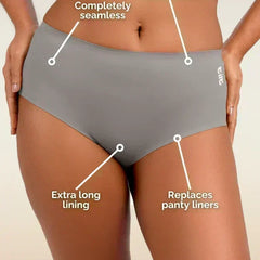Gray underwear with text highlighting features on a beige background