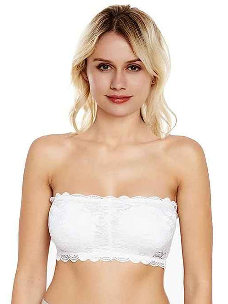 Women Lace Full Coverage Padded Non-Wired Tube Bandeau Bra
