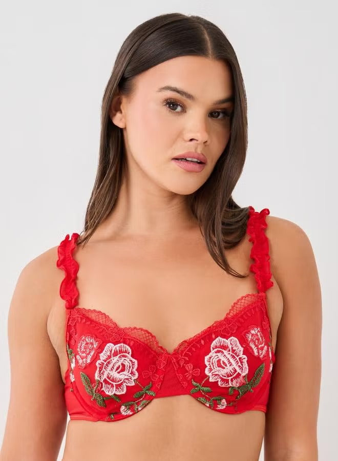 Women 3 Pieces Embroidered Ruffle Detail Bra, Skirt and Briefs Babydoll Set