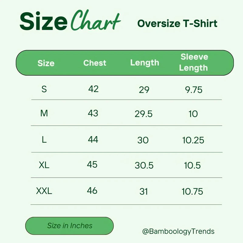 Size chart for oversized bamboo t-shirt showing measurements for S, M, L, XL, and XXL sizes in inches.