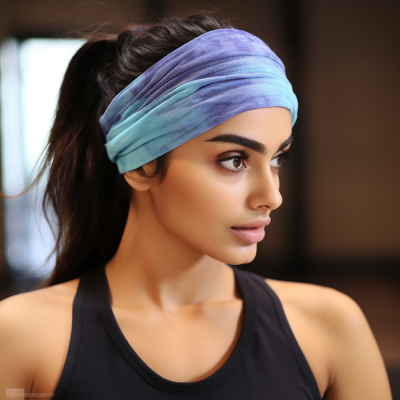 Blue XFyt super soft wide Tie Dye sweat workout gym sports hairband for women girls