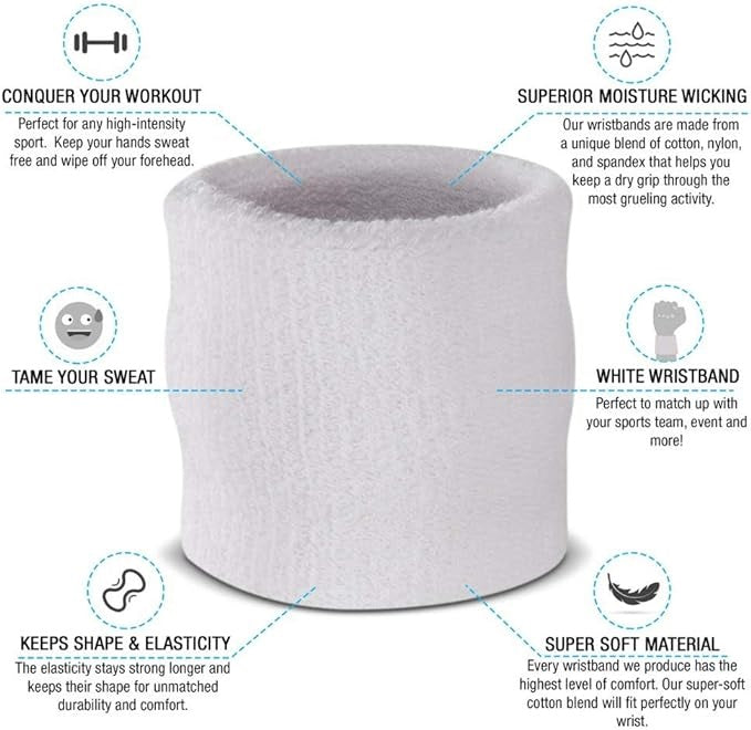 Cotton Wrist Sweat Band : White (Set of 2)