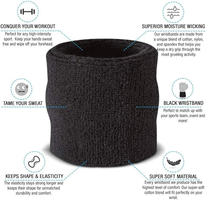 Cotton Wrist Sweat Band : Black (Set of 2)