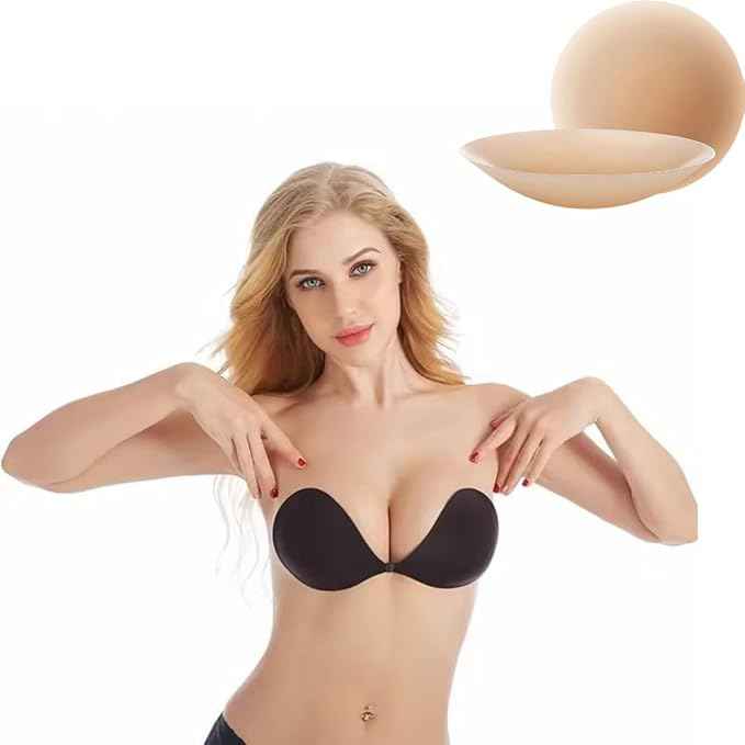 Women Black Strapless Sticky Bra Invisible Backless Stick on Push up Lift Bra With Reusable Silicone Nipple Covers