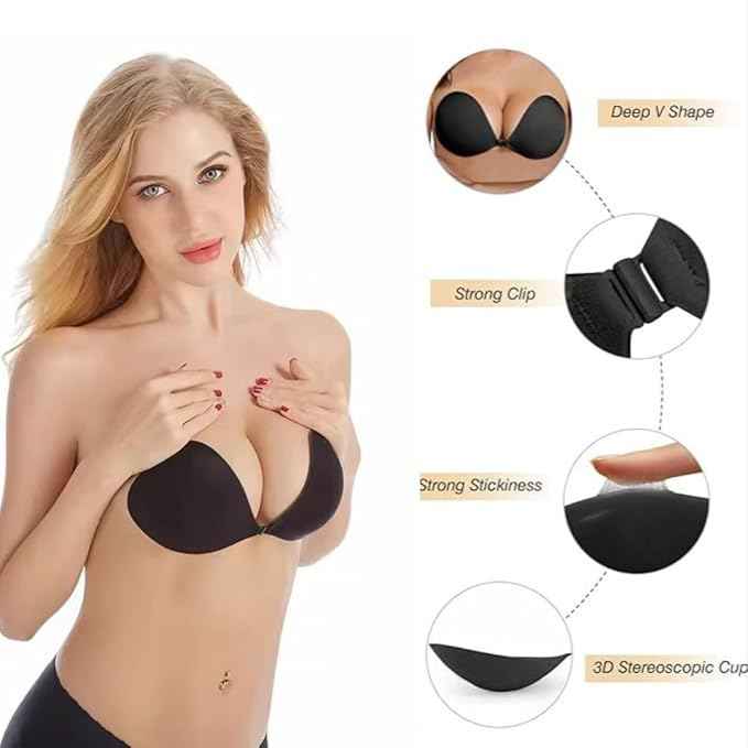 Women Black Strapless Sticky Bra Invisible Backless Stick on Push up Lift Bra With Reusable Silicone Nipple Covers