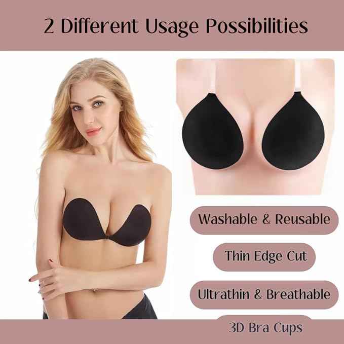 Women Black Strapless Sticky Bra Invisible Backless Stick on Push up Lift Bra With Reusable Silicone Nipple Covers