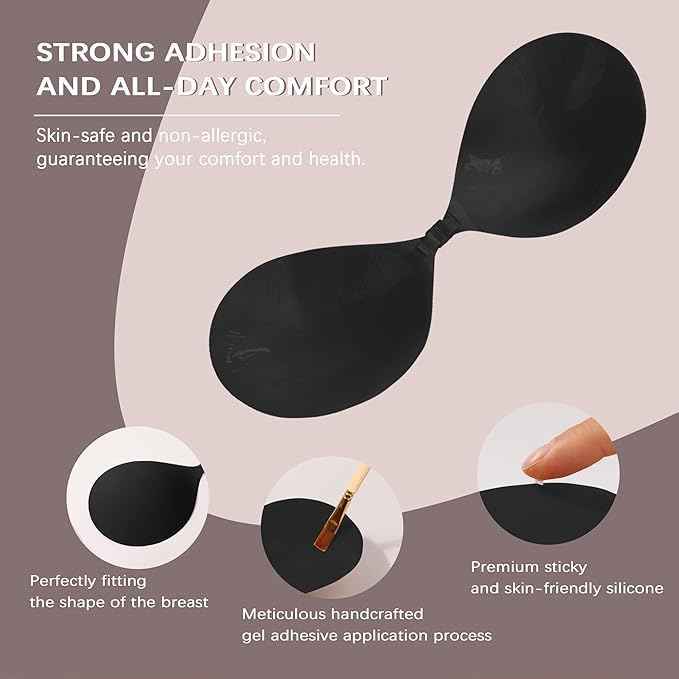 Women Black Strapless Sticky Bra Invisible Backless Stick on Push up Lift Bra With Reusable Silicone Nipple Covers