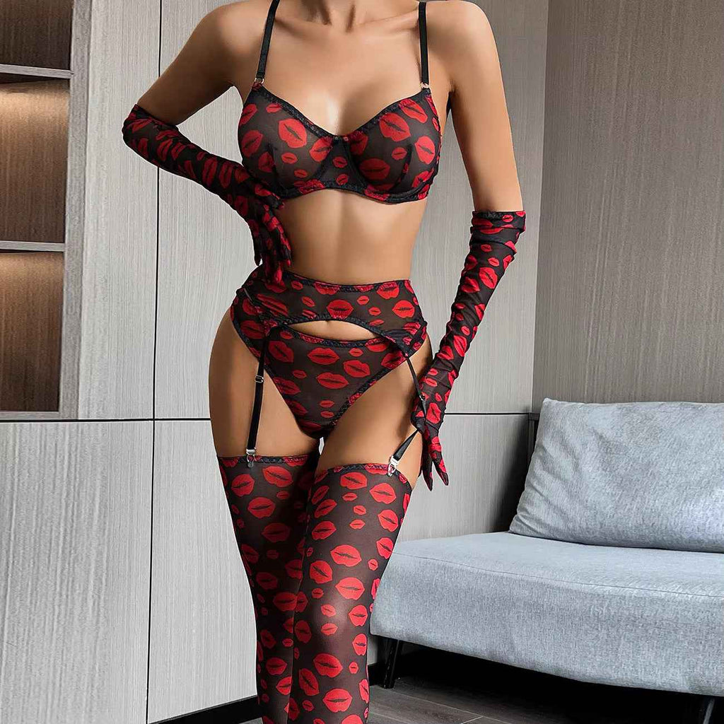 Women's Sexy Lingerie Hot Red Lips Lace Underwear valentine's Babydoll Set