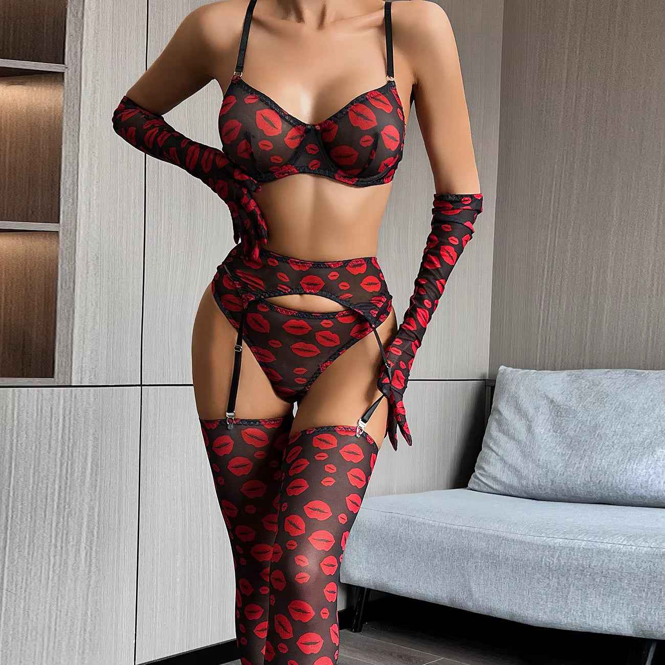Women's Sexy Lingerie Hot Red Lips Lace Underwear valentine's Babydoll Set