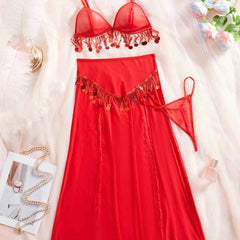 Women's Sexy Lingerie Hot Red Night Club Ball Hollow Mesh Babydoll Set