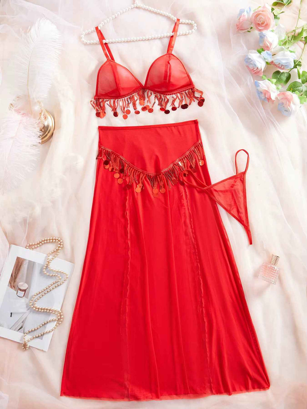 Women's Sexy Lingerie Hot Red Night Club Ball Hollow Mesh Babydoll Set