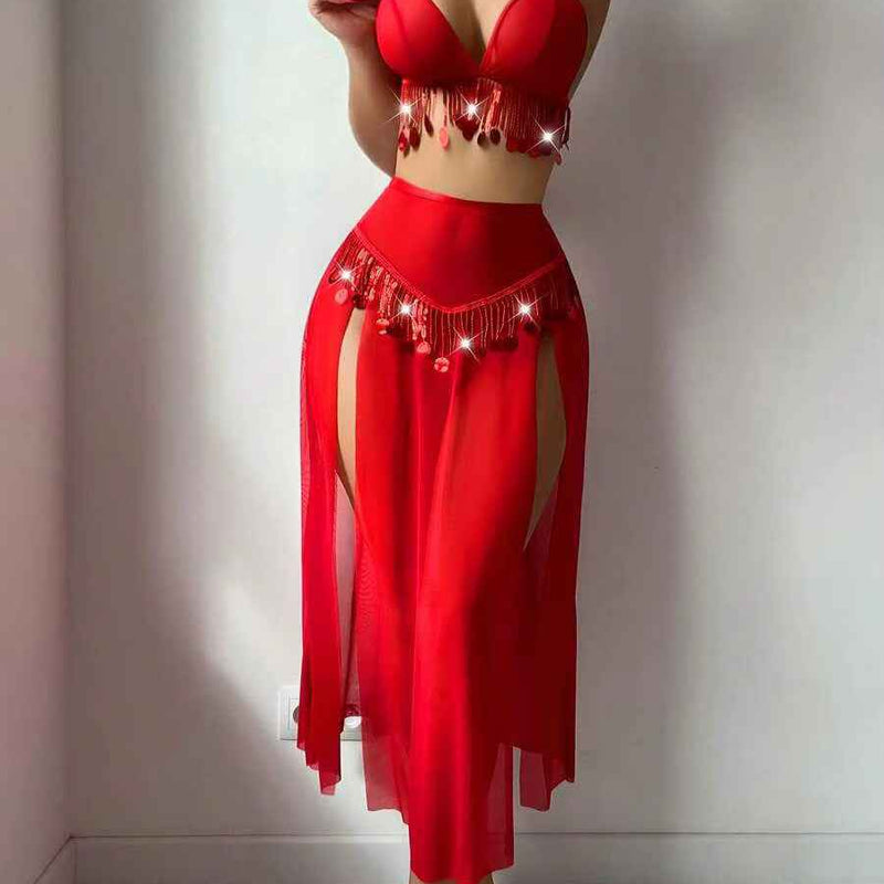 Women's Sexy Lingerie Hot Red Night Club Ball Hollow Mesh Babydoll Set