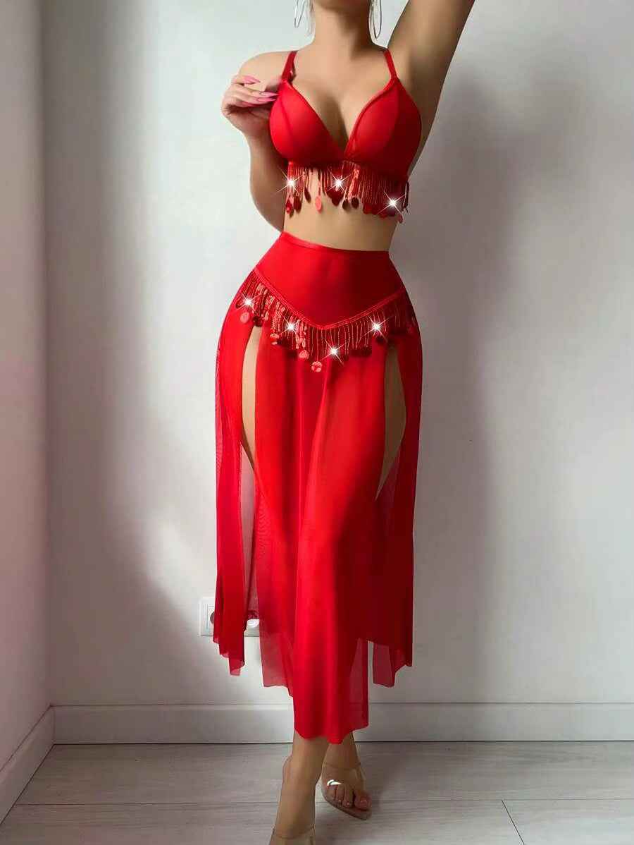 Women's Sexy Lingerie Hot Red Night Club Ball Hollow Mesh Babydoll Set