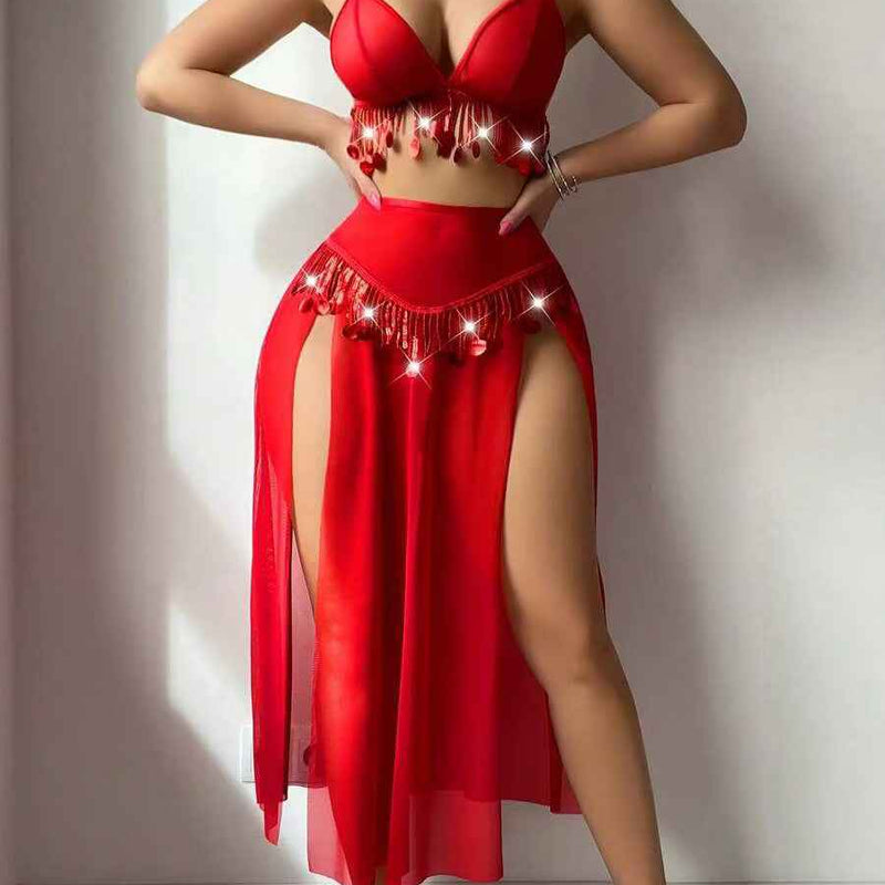 Women's Sexy Lingerie Hot Red Night Club Ball Hollow Mesh Babydoll Set