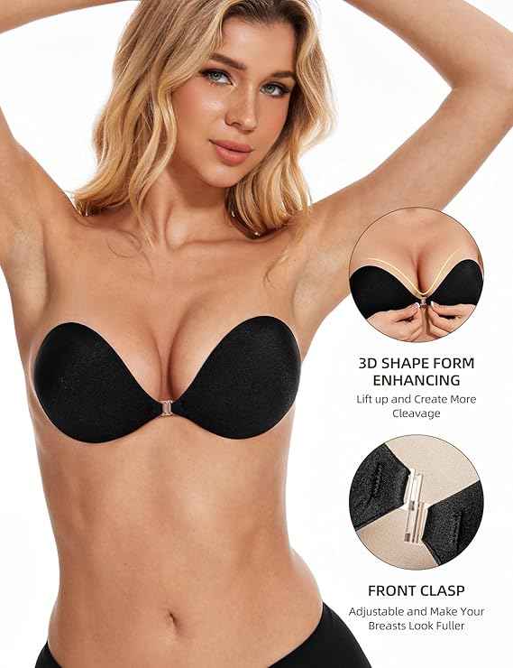 Brachy Women Black Strapless Sticky Bra Invisible Backless Stick on Bra Push up Lift Bras for Women Dress Reusable Silicone Nipple Covers