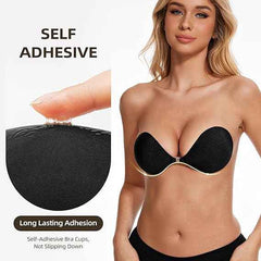 Brachy Women Black Strapless Sticky Bra Invisible Backless Stick on Bra Push up Lift Bras for Women Dress Reusable Silicone Nipple Covers