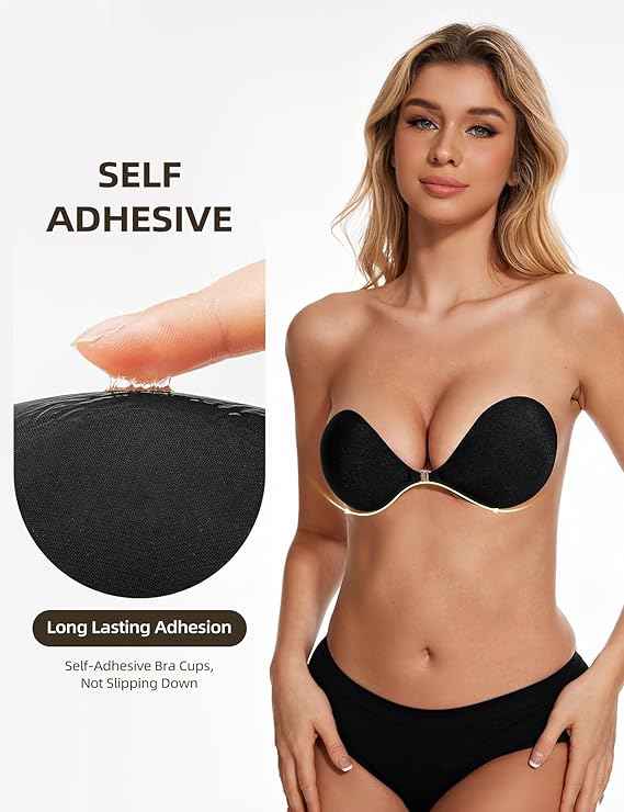 Brachy Women Black Strapless Sticky Bra Invisible Backless Stick on Bra Push up Lift Bras for Women Dress Reusable Silicone Nipple Covers