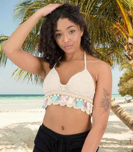Women's Beige Crochet V Neck Padded Bikini Tops Backless Lace Up Beachwear Bralette Crop Top