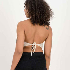 Women's Beige Crochet V Neck Padded Bikini Tops Backless Lace Up Beachwear Bralette Crop Top