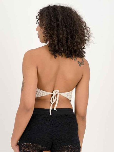 Women's Beige Crochet V Neck Padded Bikini Tops Backless Lace Up Beachwear Bralette Crop Top