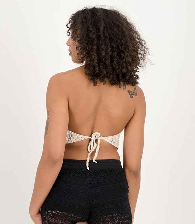 Women's Beige Crochet V Neck Padded Bikini Tops Backless Lace Up Beachwear Bralette Crop Top