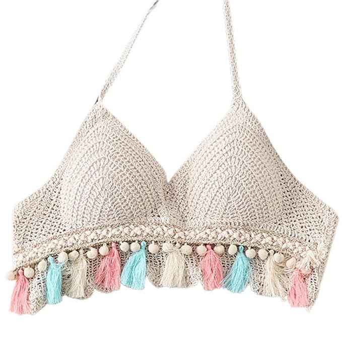 Women's Beige Crochet V Neck Padded Bikini Tops Backless Lace Up Beachwear Bralette Crop Top
