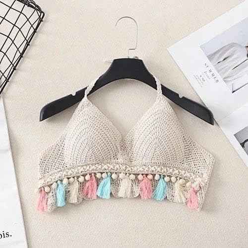 Women's Beige Crochet V Neck Padded Bikini Tops Backless Lace Up Beachwear Bralette Crop Top