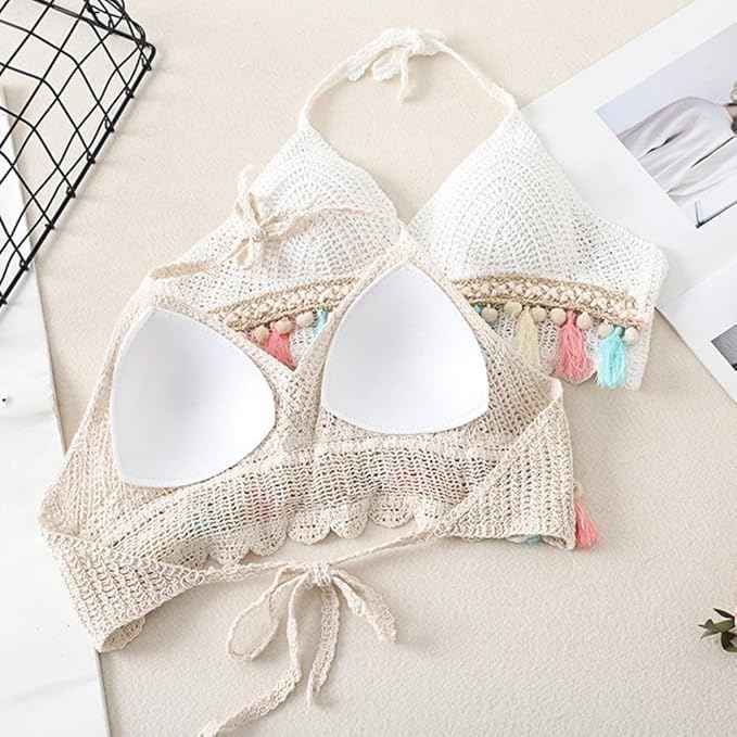 Brachy Women's Self Design Halter Neck Bralette Crochet Crop Top Bra White