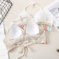 Women's Backless Crochet Floral White V Neck Sleeveless Crochet Crop Top Bra