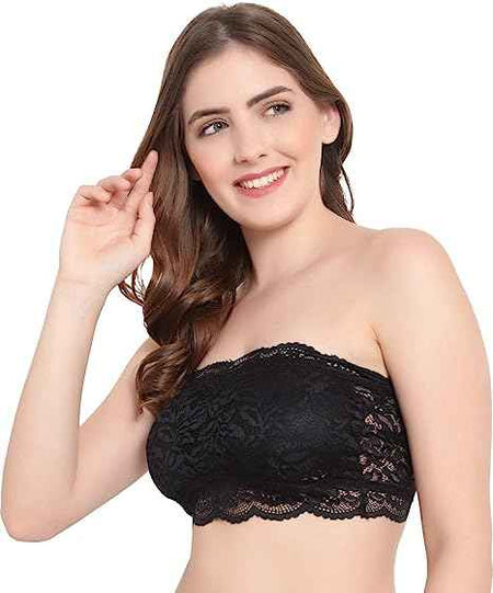 Women Lace Full Coverage Padded Non-Wired Tube Bandeau Bra