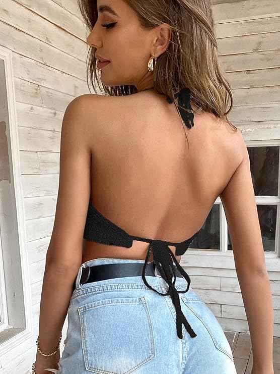 Women's & Girls' Black Hollow Out Tie Backless Beach Halter Crochet Padded Top Bra