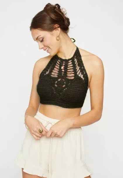 Women's & Girls' Black Hollow Out Tie Backless Beach Halter Crochet Padded Top Bra