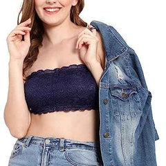 Women Lace Full Coverage Padded Non-Wired Tube Bandeau Bra