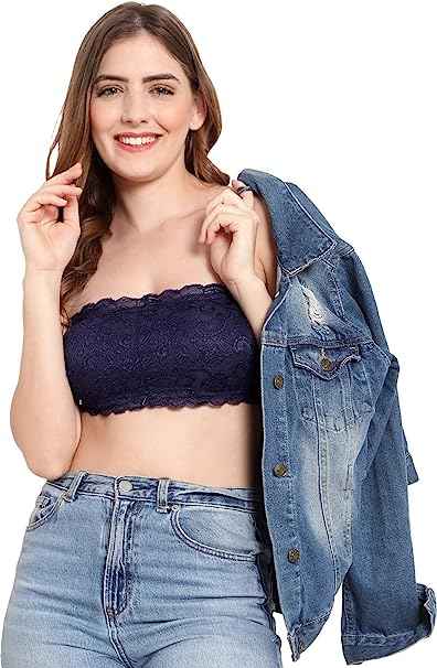 Women Lace Full Coverage Padded Non-Wired Tube Bandeau Bra