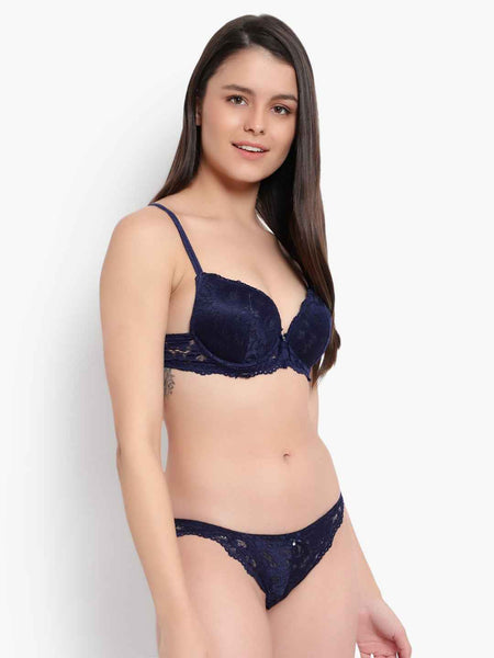 Women's Elegant Lace Love Double Padded Underwired Push up Bra Panty Bridal Set