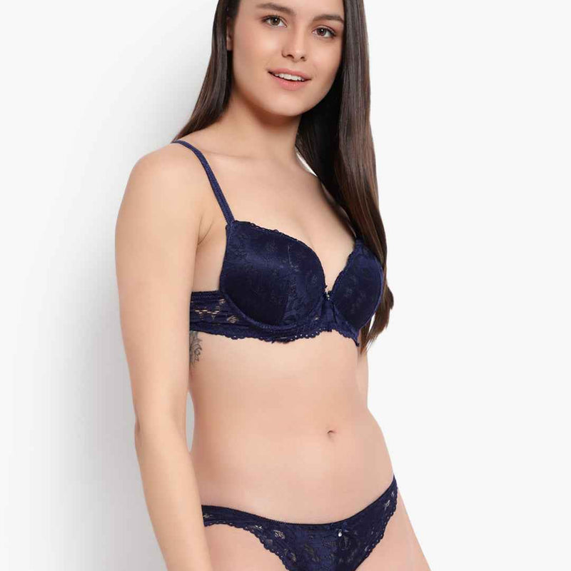 Women's Elegant Lace Love Double Padded Underwired Push up Bra Panty Bridal Set