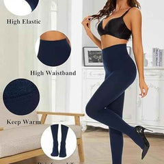Plus Size Women Navy Blue Comfort Fleece Footed Fur Stocking Winter Wear Extra Warm, Woolen High Waisted Lined Thigh Highs