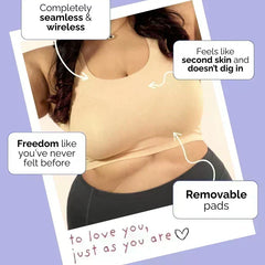 Woman wearing a beige wireless bra with text highlighting features on a purple background