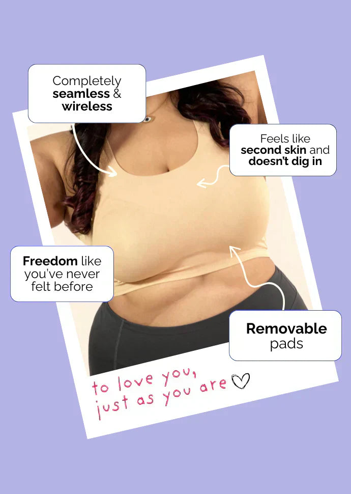Woman wearing a beige wireless bra with text highlighting features on a purple background