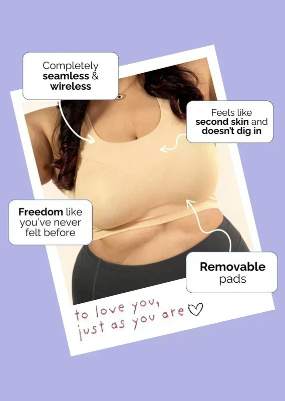 Woman wearing a beige wireless bra with text highlighting features on a purple background