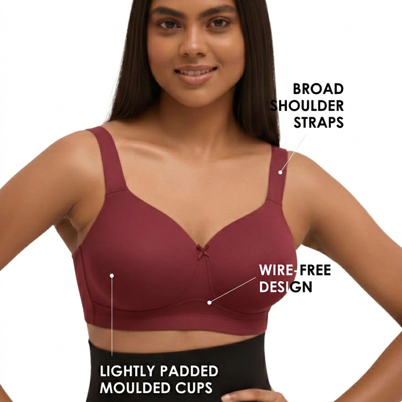 Blossom BL PC 01 - Plus Size Padded Non-Wired Full Coverage Bra with Broad Shoulder Straps & Wide Side Support