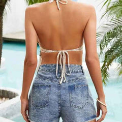 Women's Summer Beach Backless Crochet Halter Bikini Crop Top Crochet Hollow Out Tassle Embroidery Knit Boho Beachwear