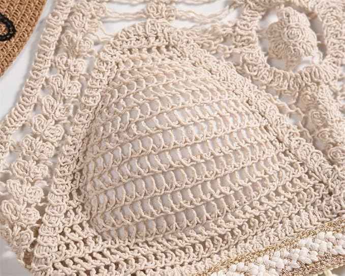 Women's Summer Beach Backless Crochet Halter Bikini Crop Top Crochet Hollow Out Tassle Embroidery Knit Boho Beachwear