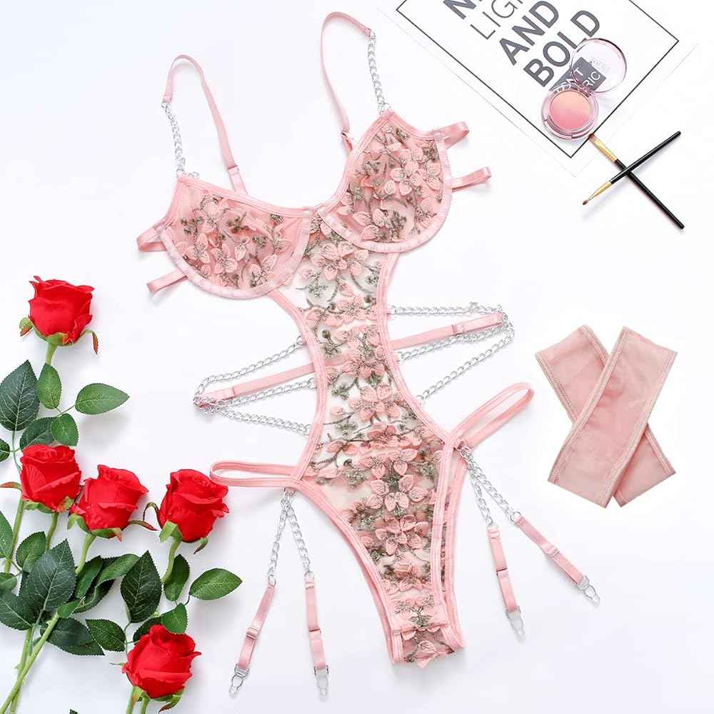 Women Teddy Bodysuit Pink Sexy Special Night Net Babydoll Dress