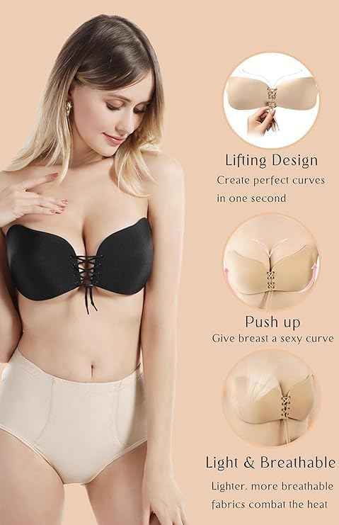 Brachy Black Sticky Adhesive Silicone Invisible Push Up Backless Strapless Bra