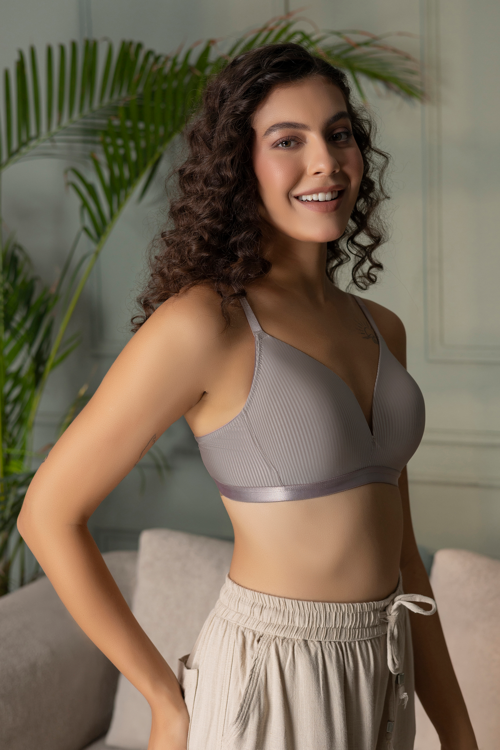 Padded Wirefree Self Striped T-Shirt Bra